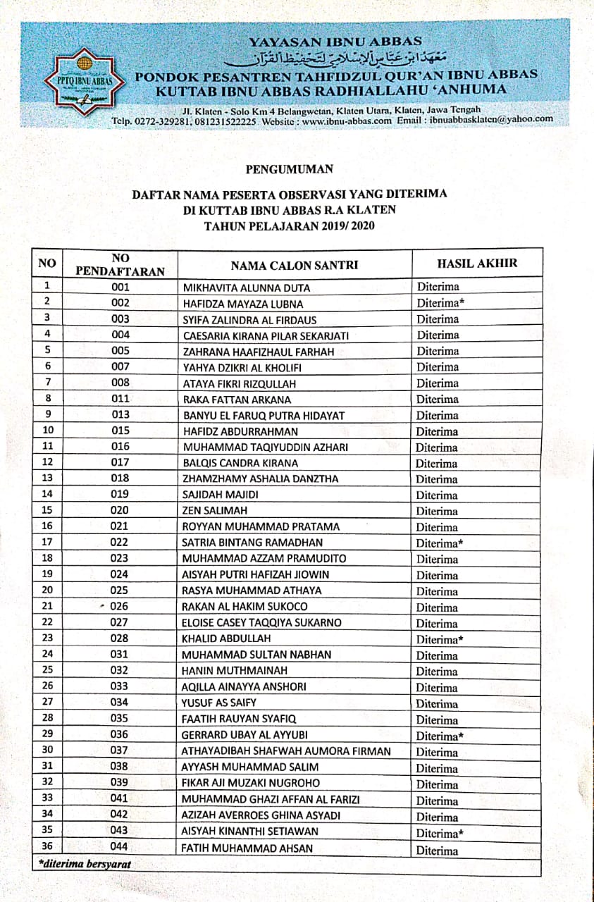 PENGUMUMAN HASIL OBSERVASI CALON SANTRI KUTTAB IBNU ABBAS KLATEN 2019